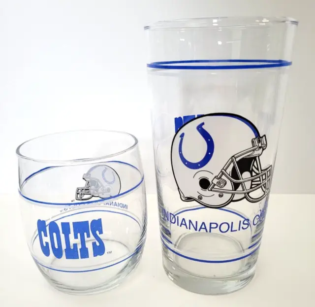 VINTAGE INDIANAPOLIS COLTS PINT GLASS & ROCKS GLASS SET OF 2 NFL MOBIL 1980's