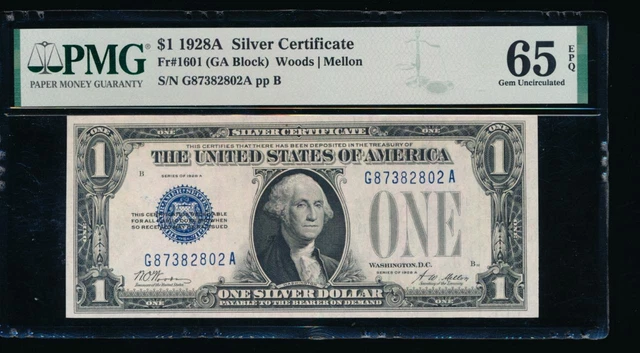 AC 1928A $1 Silver Certificate PMG 65 EPQ G-A block  Fr 1601