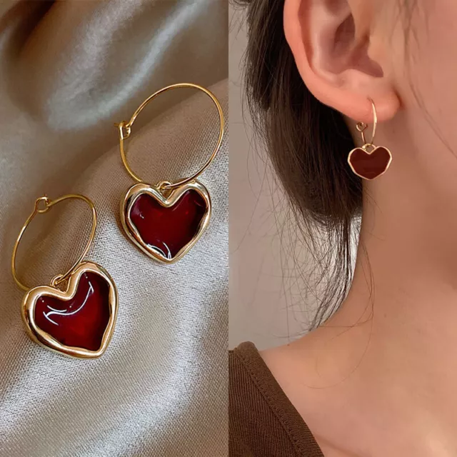 Trendy Red Enamel Love Heart Earrings For Women Girl Circle Metal Heart Earrings