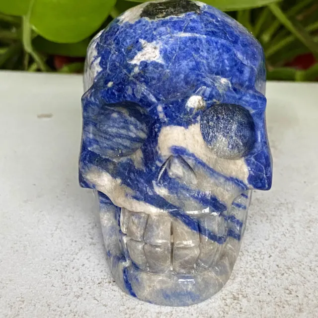 451G Natural blue lines Carved Skull Quartz Crystal Skull Reiki