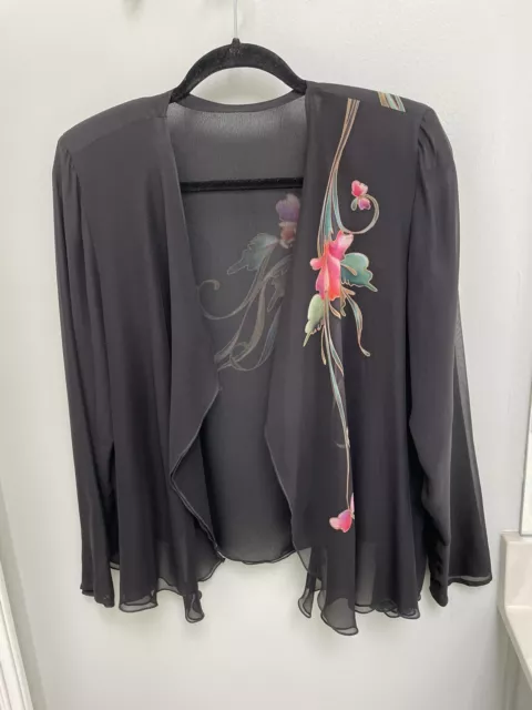 VTG Yolanda Lorente Hand Painted Florals On Black Drape Womens Large 100% Silk