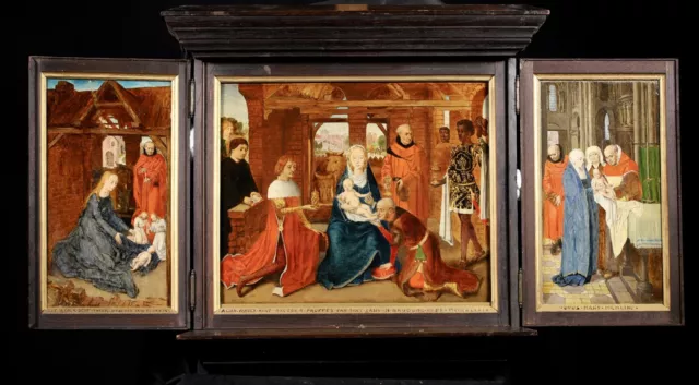 EARLY 19th CENTURY HUGE FLEMISH TRIPTYCH OIL PANEL ALTAR PIECE - ADORATION MAGI