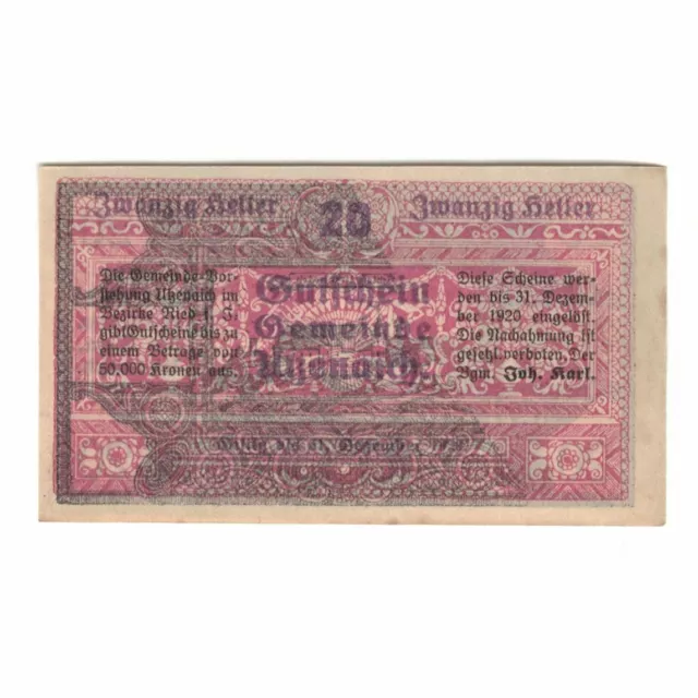 [#323757] Banknote, Austria, Utzenaich O.Ö. Gemeinde, 20 Heller, Texte, 1920, 19 2