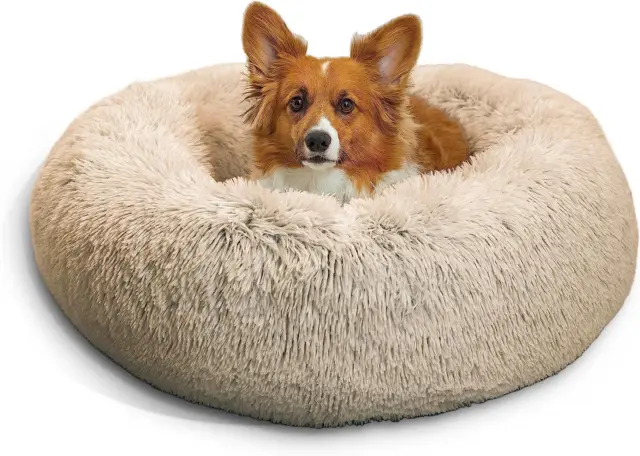 Best Friends by Sheri the Original Calming Donut Cat and Dog Bed Shag Fur Taupe