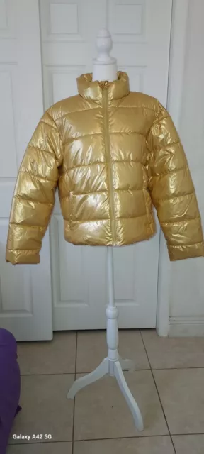 Time And Tru Womens XL(16-18) Gold Metallic Puffer Jacket  Wind Resistant New