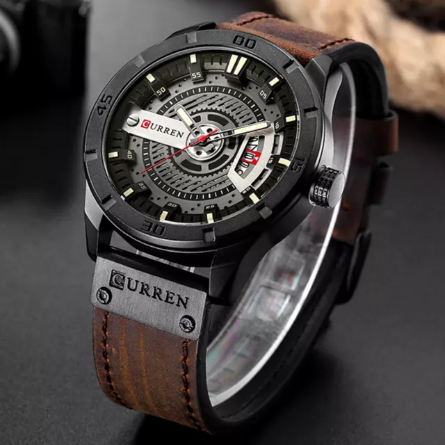 CURREN Fashion Mens Large Dial Sports Watch Leather Waterproof Date Quartz Watch