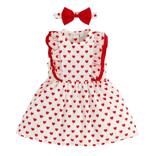 Abito per bambine San Valentino senza maniche Love Heart Abiti con Set Fascia
