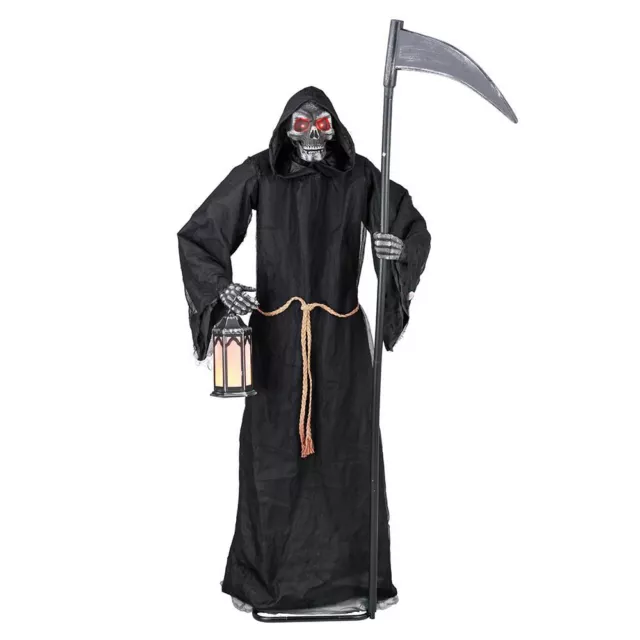 6 Ft Motion Animatronic Reaper Holding Scythe Led Lantern Halloween Decoration