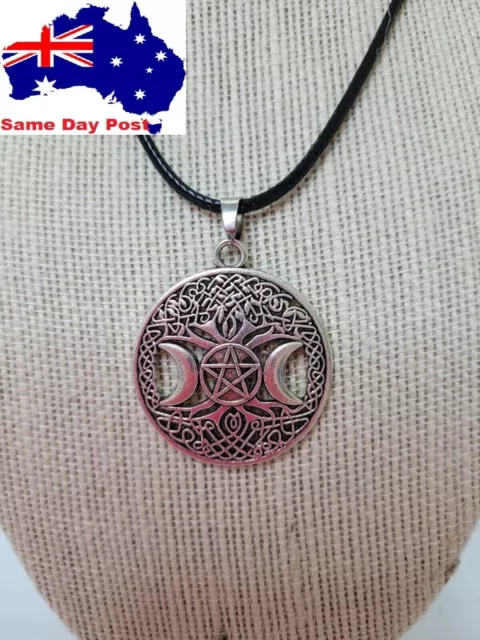 Silver Triple Moon Goddess Pentagram Wiccan Pendant tree of life necklace pagan