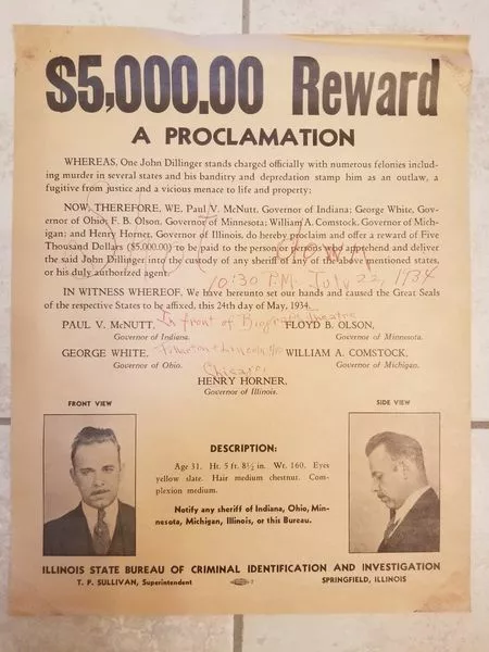 JOHN DILLINGER AUTHENTIC Original Five States Wanted Poster May 1934 ...