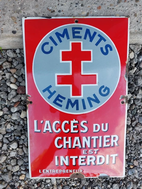 Ancienne Plaque Émaillée Bombée Ciments Heming Emaillerie Alsacienne Strasbourg