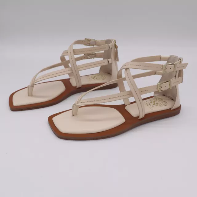 VINCE CAMUTO BRENNDIE Women's Beige Leather Sandals Strappy Flats Thong ...
