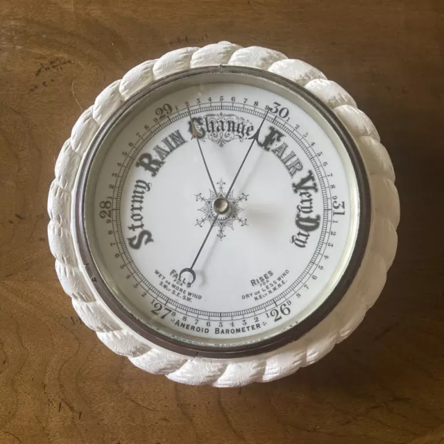 Antique English Carved Oak Rope Edge & Brass Bezel Aneroid Barometer, "Nautical"