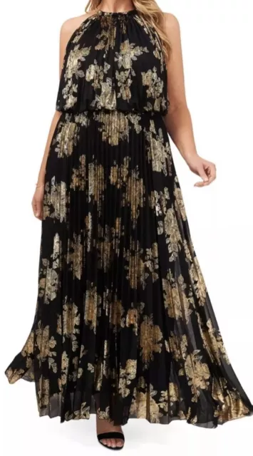 MSK Women Black Gold Foil Floral Print Halter Dress All Over Pleats Sz 8