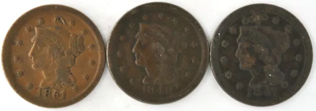 LOT OF THREE Liberty Head Braided Hair Large Cents US Copper One Penny Coins  £91.40 - PicClick UK