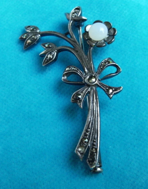 Ancienne Broche Art Déco Argent Massif 925 - Fleurs Feuillages Et Marcassite