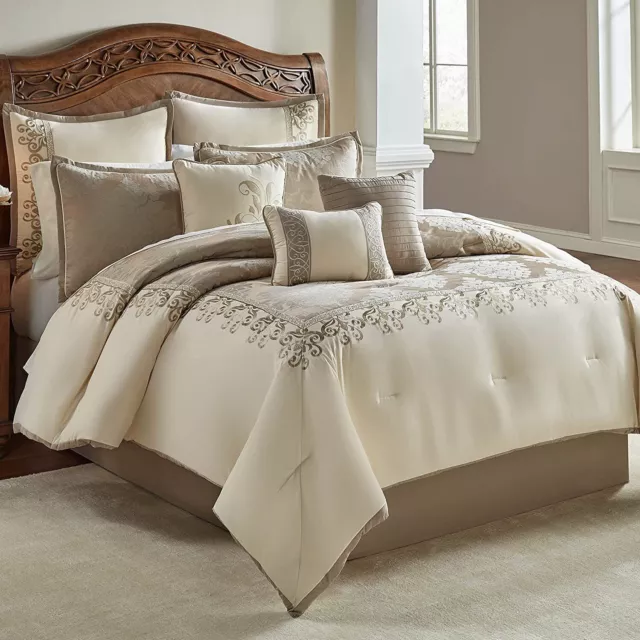 Silky Gold Taupe Ivory Embroidered Jacquard Damask King Queen Comforter set