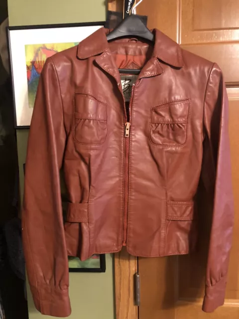 Vintage Berman's 60s-70s Leather Peplum Jacket Cognac Brown Pockets Belted XS/S