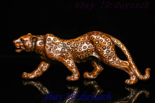 8" Chinese Boxwood wood Carved leopard panther Panthera pardus Feng Shui Statue