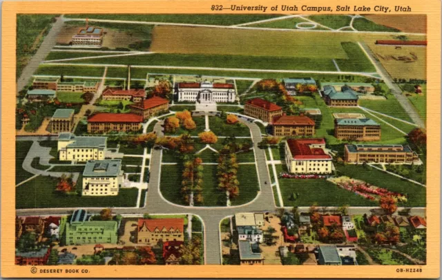Vtg 1940s University of Utah Campus Aerial View Salt Lake City UT Linen Postcard