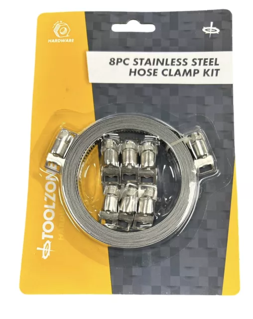 Toolzone 8 Pce Stainless Steel Hose Clamps Kit Jubilee Banding & Clamps Pipe