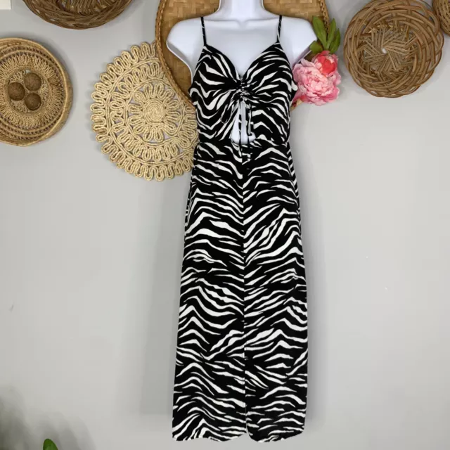 TopShop Womens Dress 2 Black White Midi Zebra Cami Tank Cutout Front Slit Party