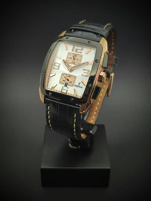 MONTRE FESTINA ANCIENNE homme quartz bracelet cuir boitier or rose/noir