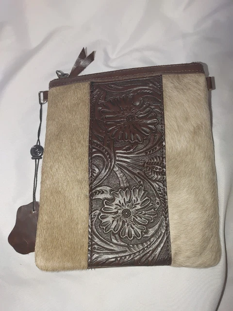 PG Western Purse Genuine Leather CowHair Floral Tooled Handbag. No Strap.