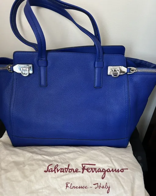 NWT $1600 Salvatore Ferragamo Verve Blue Leather Tote Silver Hardware