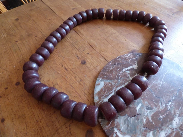 Collier Ancien Très Long En Perles De Bois Noir - Longueur 1,95 Mètre - Vintage - Fabriqué En France