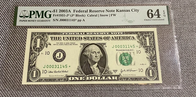 2003A $1 Federal Reserve Star Note Kansas City PMG 64EPQ Uncirculated * Dollar