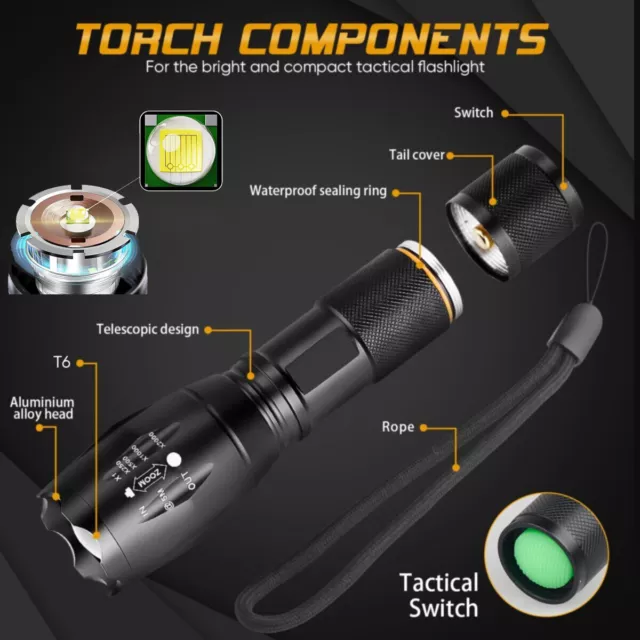 Super Bright T6 LED Tactical Flashlight Rechargeable Zoom Torch Light w/ Battery 2