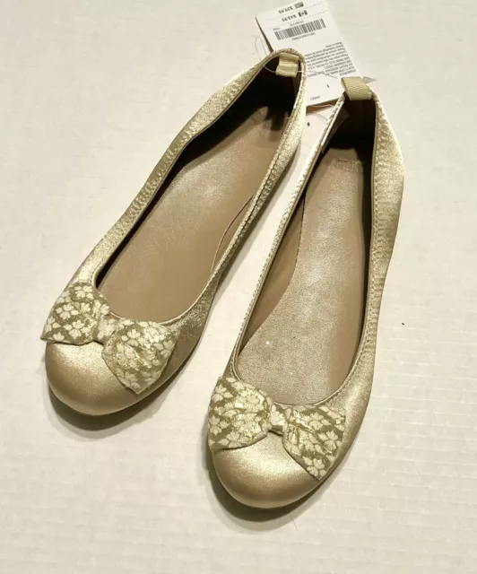 NWT Gymboree Savanna Party Size 1 Gold Satiny Jacquard Bow Dress Shoes