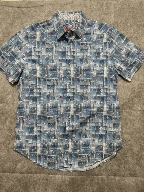 Robert Graham Shirt Mens Button Up Medium Classic Fit Short Sleeve Blue Abstract