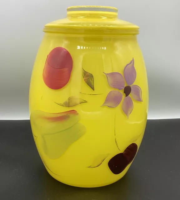 Vintage MCM Bartlett Collins 9" Yellow Glass Hand Painted Fruit Cookie Jar w/Lid