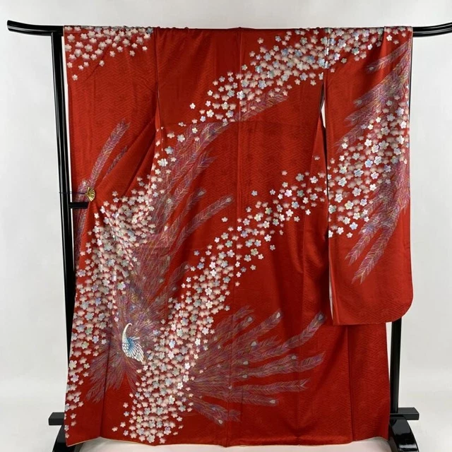 Woman Japanese Kimono Furisode Silk CherryBlossom Peacock Gold Silver Red