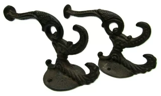 Lot of 2 Antique-Style Victorian Style Cast Iron Rustic School Coat Hat Hooks