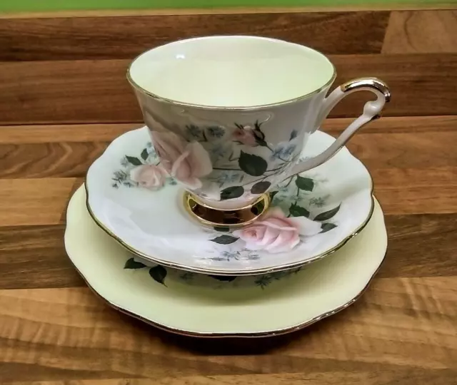 Queen Anne Cup + Saucer + Side Plate Trio Bone China Vintage Cherie pattern