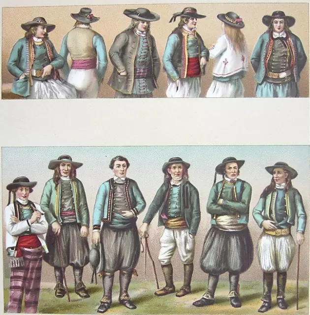COSTUME of Peasants Brittany France - SUPERB Color Antique Print by A. Racinet