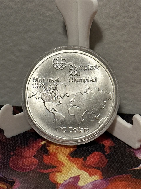 1976 CANADA Queen Elizabeth II Olympics Montreal WORLD MAP Silver $10 Coin Rare