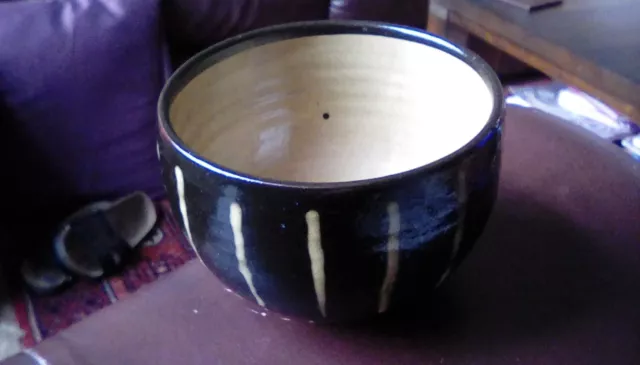 Studio Pottery, Earthenware Black & Cream Striped Bowl. 11cm Rim Dia, 7cm Tall.