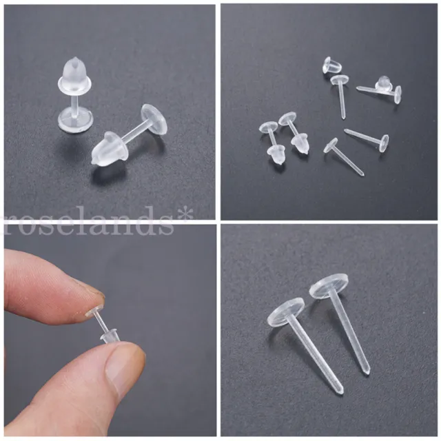NEW clear plastic flat earrings studs & backings - transparent invisible blank