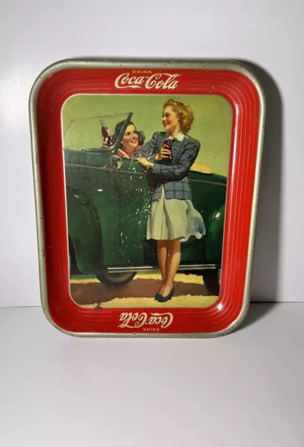 Vintage 1942 Coca-Cola Two Girls At Car Roadster Original Serving Tray