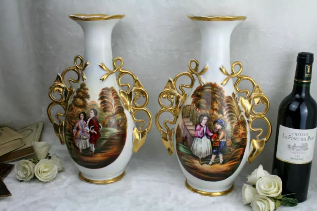 Exclusive Antique 19thc French vieux paris porcelain vases romantic scene rare