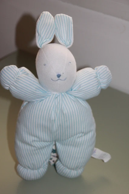 doudou peluche BOULGOM LAPIN BLANC TISSUS RAYE BLEU BLANC GRELOT 33 cm  exc état