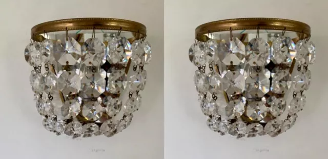 Pair Vintage French Gilded Crystal Wall Lights Sconces Chandelier Handbag Style