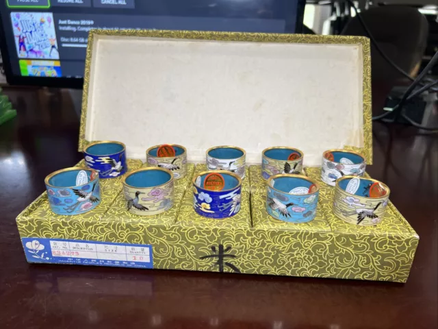 LikeNew Vintage 1" Chinese Export 10 Set Cloisonné Enamel Brass Napkin Rings