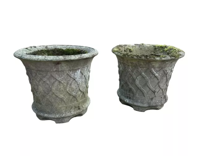 Ornate Pair of Reconstituted Stone Garden Pots/ Planters Unusual Lattice Design
