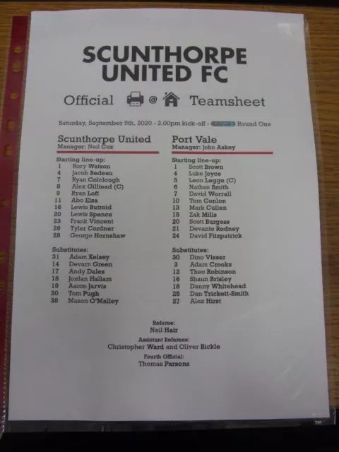 05/09/2020 Colour Teamsheet: Scunthorpe United v Port Vale [Football League Cup]