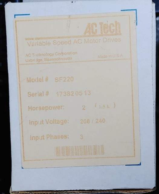 Ac Tech Sf220 2Hp 1.5Kw Variable Speed Ac Motor Drive 208/240V 3Ph Input New!!